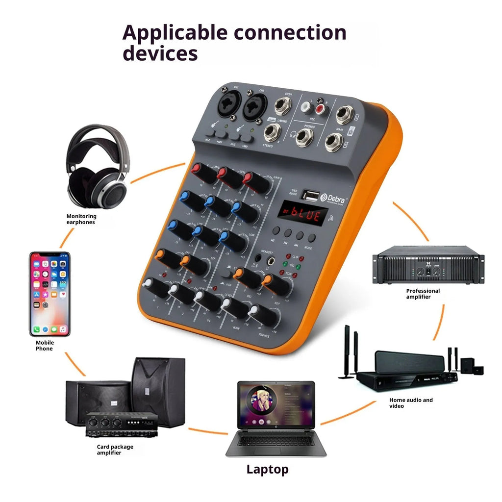 D4M USB reverb audio mixer, plastic housing, 26x22.5x8cm, with power cord and manual