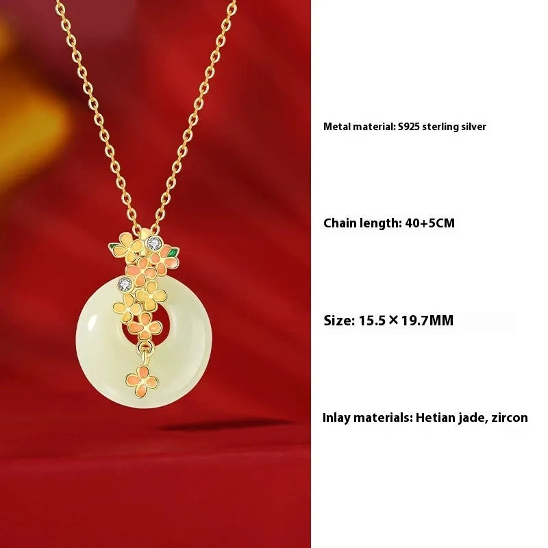 925 silver laurel safe buckle necklace with natural Hetian jade pendant and matching bracelet set