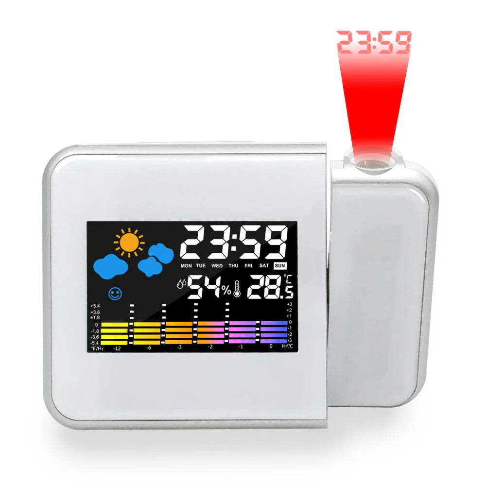 Digital alarm clock with projection, temperature, and humidity display for easy viewing