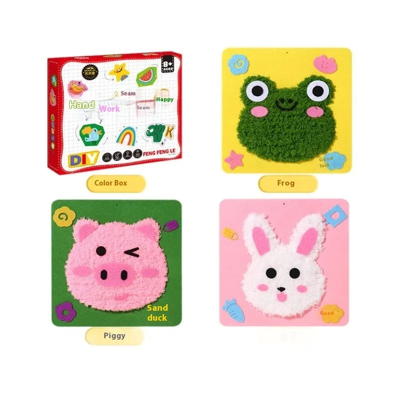 Children's cartoon animal wool embroidery painting DIY set with cloth base, 15x5cm, featuring bear and bunny designs