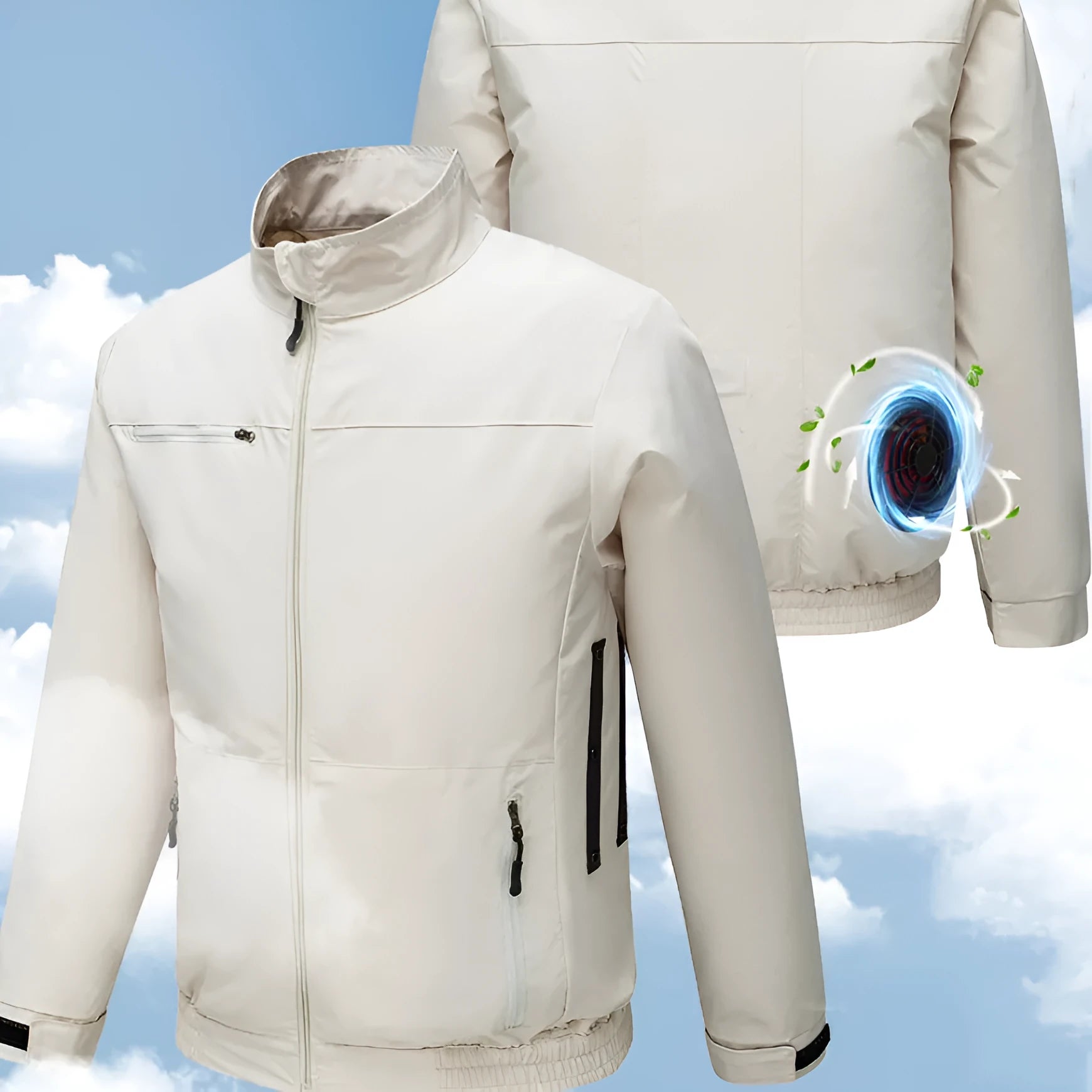 Men's black summer work jacket with multiple ventilation holes for fan attachment.