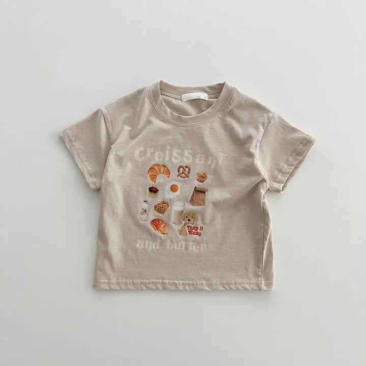 Children's short sleeve cotton t-shirt with cartoon strawberry food pattern in white and brown, size 100cm