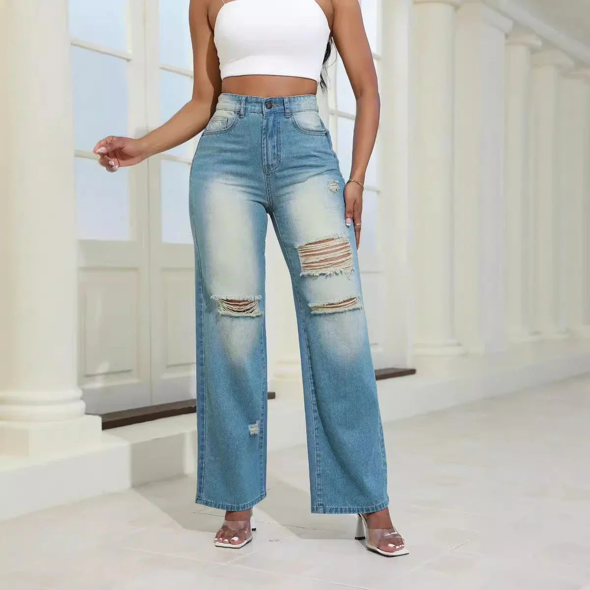 Stylish high-waisted ripped jeans with pockets in light green and navy blue colors