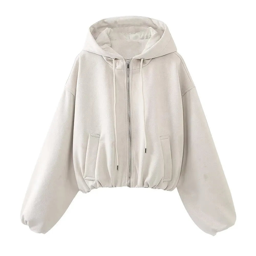 Women's suede hooded jacket in black or white colour with Asian sizing from XS to L