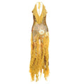 Yellow A-line halter suspender dress with ruffled straps, long length, high waist, women's street fashion