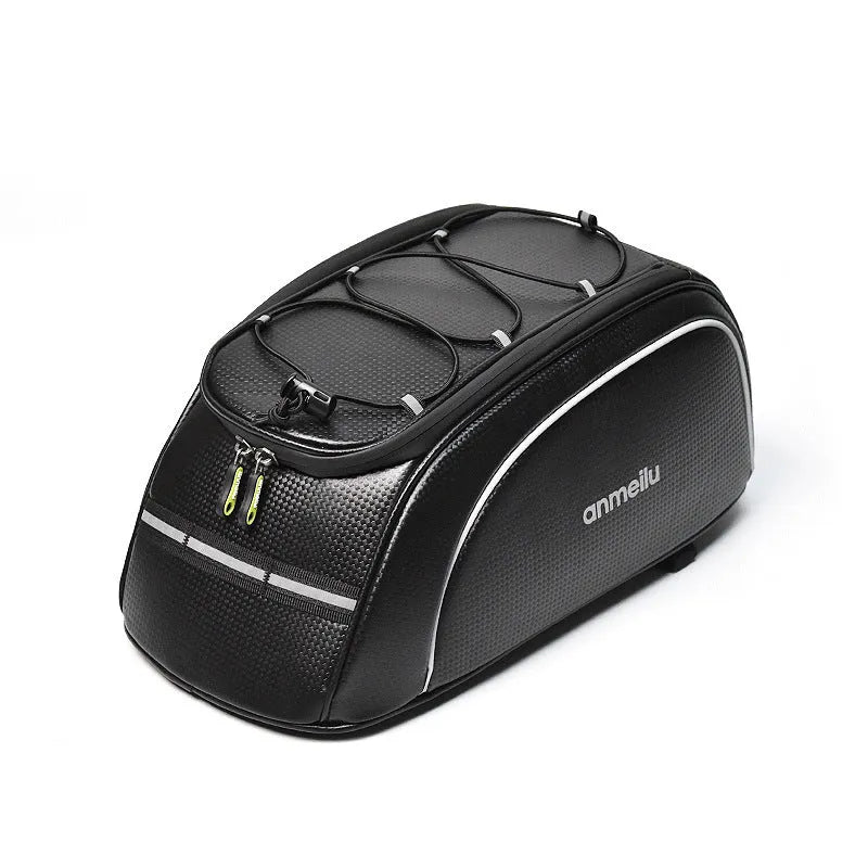 Waterproof black PU leather bicycle pannier bag mounted on a bike rear rack.