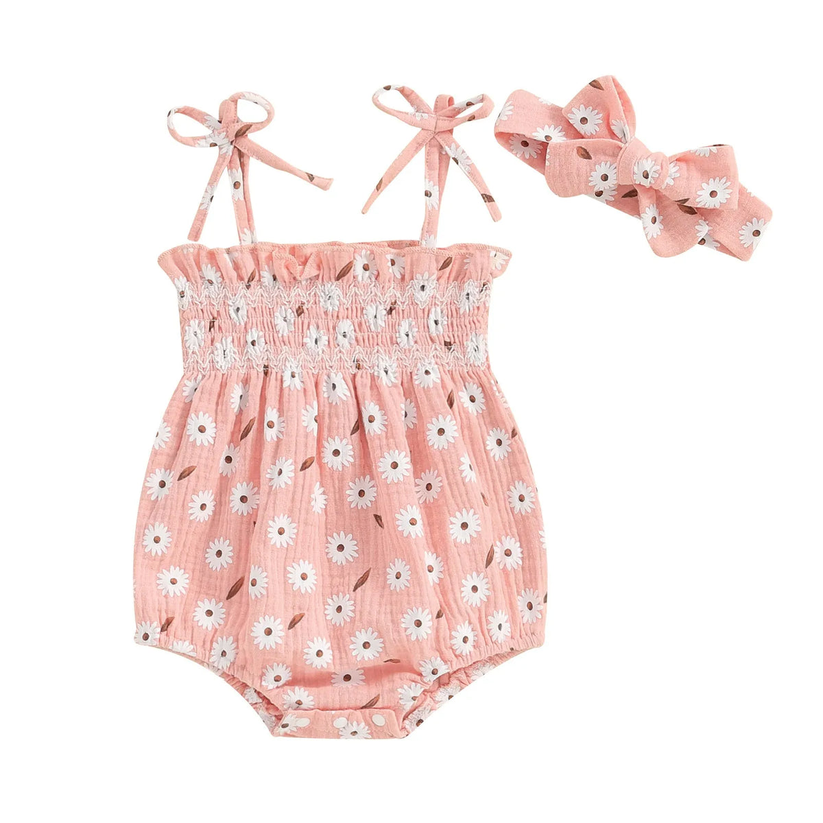 Pink cotton baby girl short-sleeved triangle jumpsuit with bow flower print and matching headband