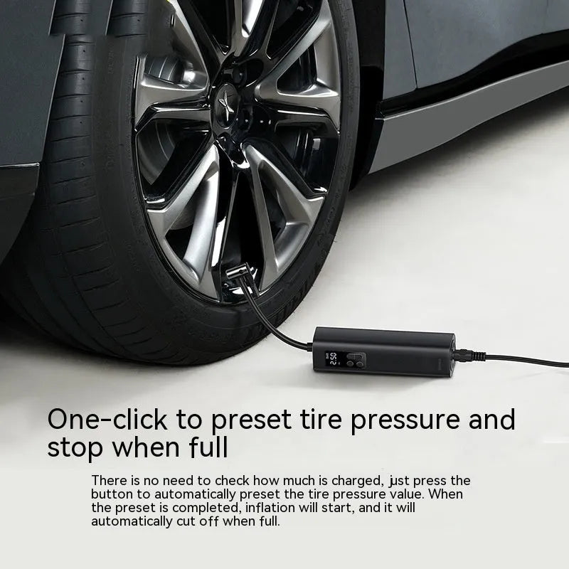 Black super mini digital display car tyre inflator with 12V power cable.