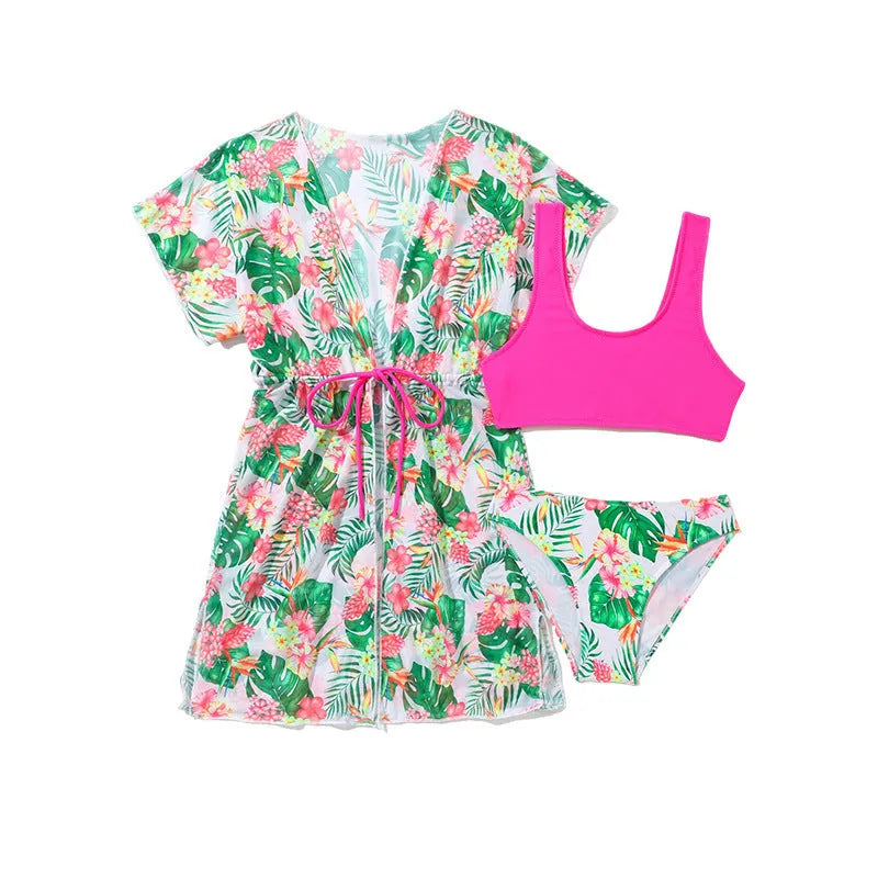 Girls' floral two-piece swimsuit in polyester fabric for swimming