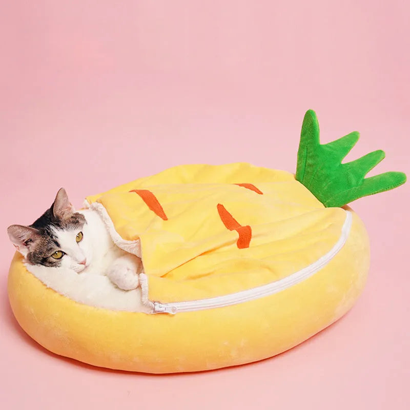 Yellow semi-enclosed carrot-shaped cat nest sleeping bag made of cotton fabric on a light background