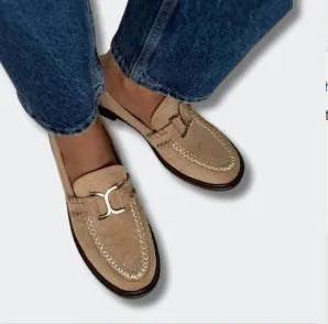 Apricot suede round toe flat shoes for women with low heel and rubber sole, sizes 34-43