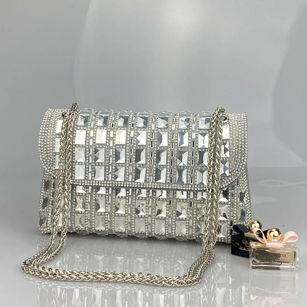 Shiny glass rhinestone chain clutch bag in horizontal square shape with internal phone pocket