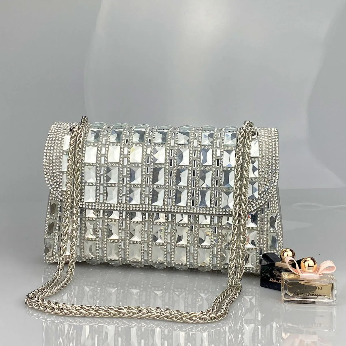 Shiny glass rhinestone chain clutch bag in horizontal square shape with internal phone pocket
