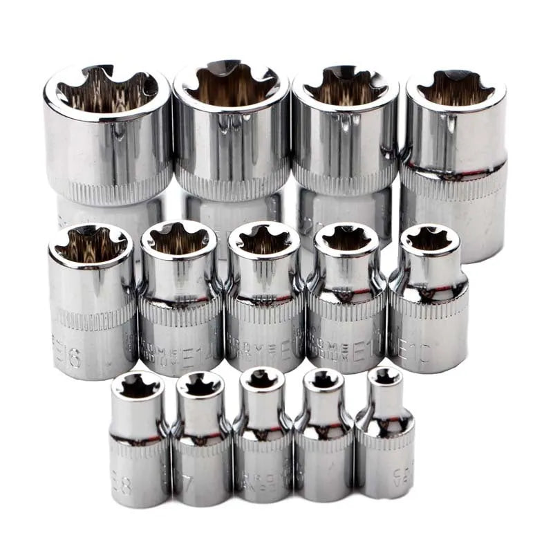 Red box containing a 14-piece set of chrome vanadium steel E-type sockets for auto and mechanical repair