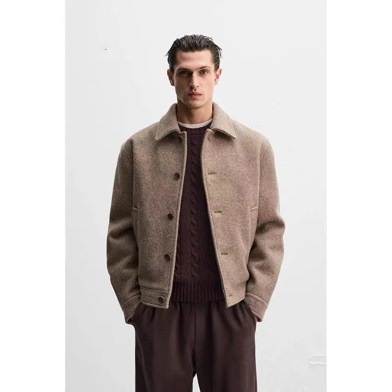 Men's taupe loose wool woven lapel long sleeve casual jacket coat single-breasted front view