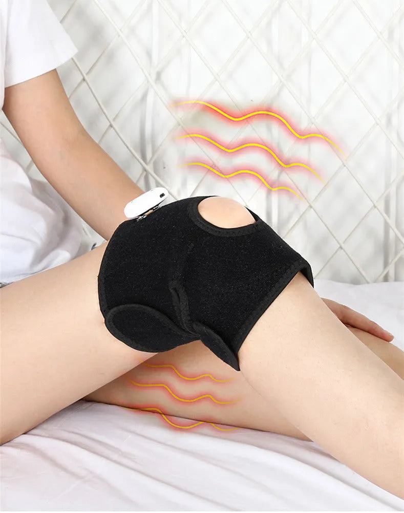 Black anti-cold knee pad with electronic pulse massage, four massage contacts, and USB rechargeable power