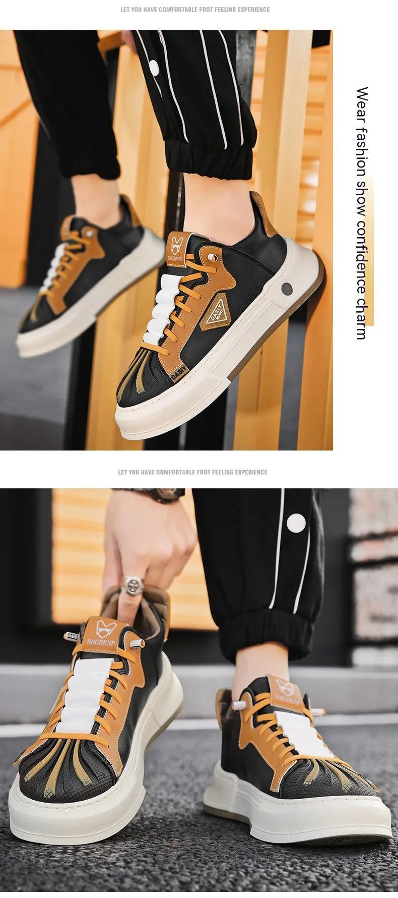 Men's beige low-top sneakers with elastic band closure and leather stitching detail on microfiber upper