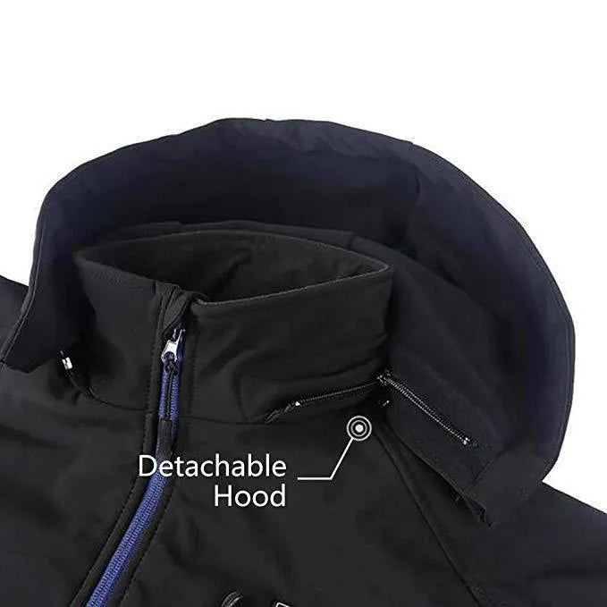 Black men's USB heated winter coat with long sleeves, zipper pockets, and straight hem on a man outdoors.