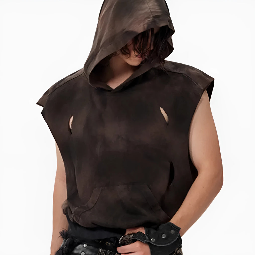 Khaki coloured cotton short hooded vest with short sleeves on a hanger.