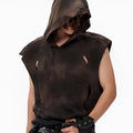 Khaki coloured cotton short hooded vest with short sleeves on a hanger.