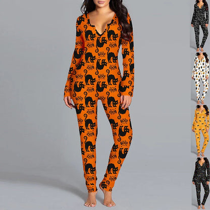 A comfortable and stylish Halloween-themed cotton pajama jumpsuit with long sleeves, available in a variety of festive colors.