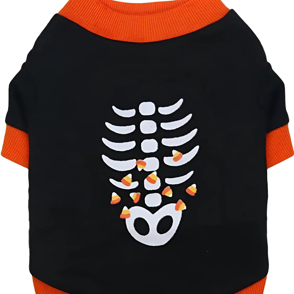 Orange dog sweatshirt with white skeleton bones print on a small Dachshund.