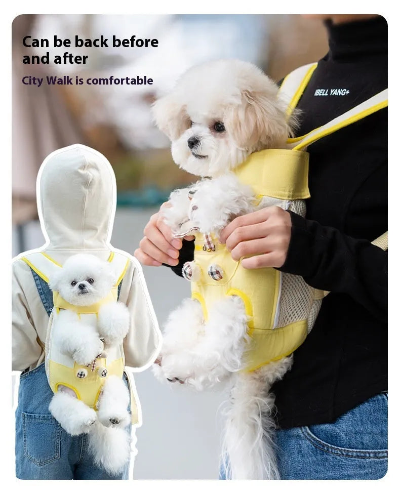 Cartoon pet chest carrier bag with animal pattern in soft canvas material with adjustable straps