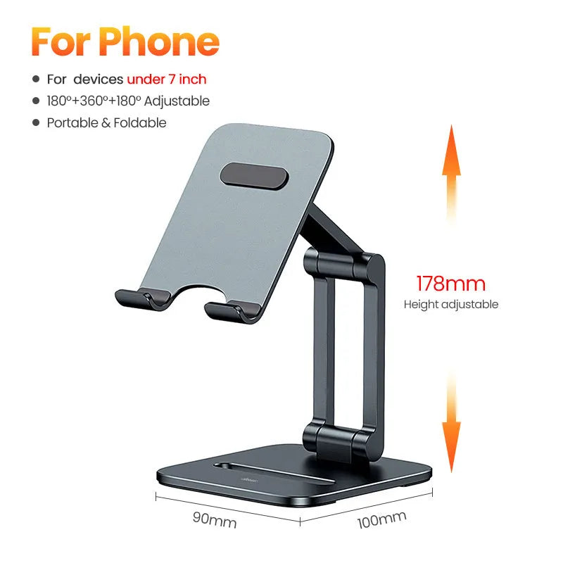 Deep space grey aluminium alloy folding stand for mobile phones and tablets on a desk