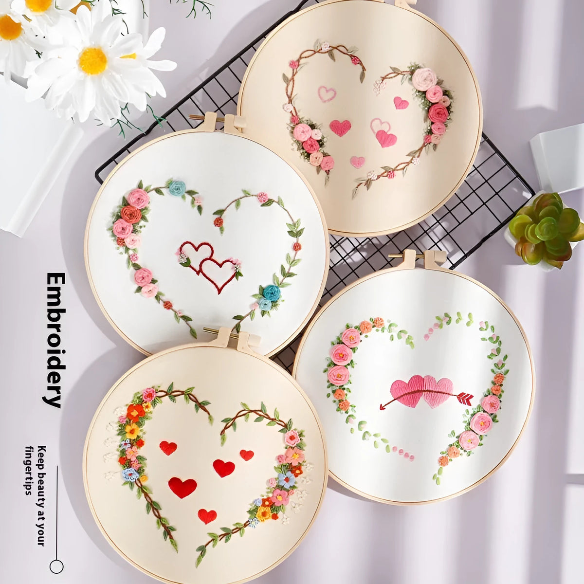 DIY heart embroidery kit with cotton cloth, Nordic style, and 20cm bamboo ring or taboret options