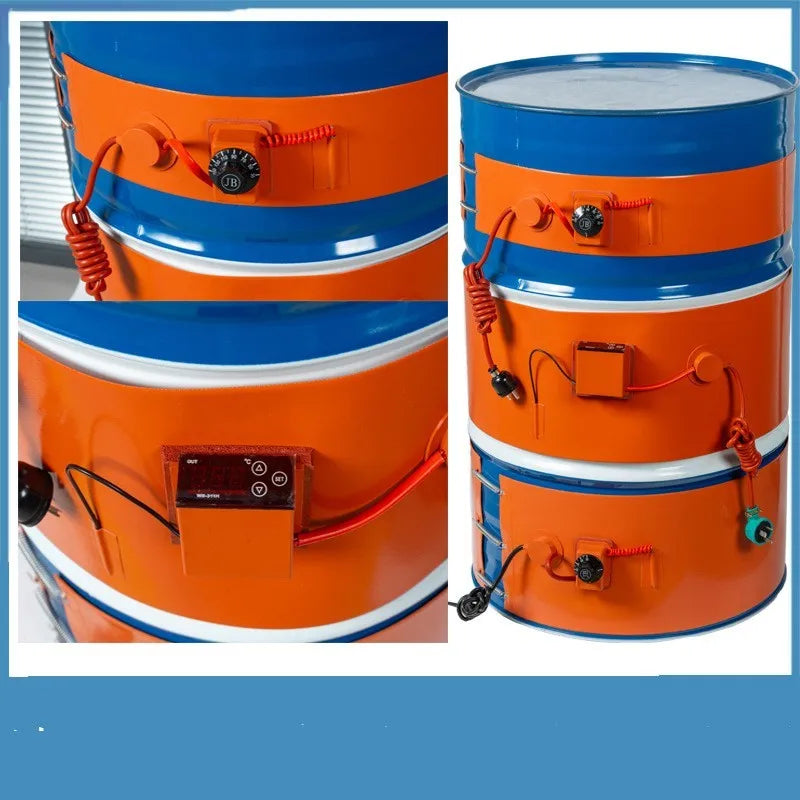 Silicone rubber heating belt wrapped around 200-litre oil drum with digital display control unit