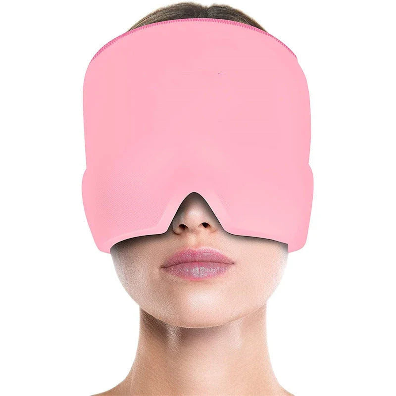 Soothing ice gel eye mask for headache relief, featuring a cooling gel pack and premium elastic cloth for a comfortable fit