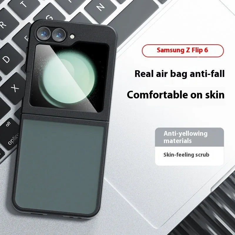Frosted TPU PC Samsung Z Flip phone case with hardware connecting shaft in matte black and transparent black