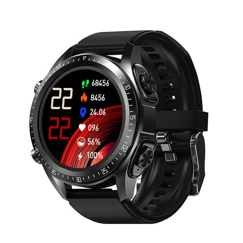 Black smart watch with blood pressure monitoring on a silicone wrist strap showing its 1.28 inch screen