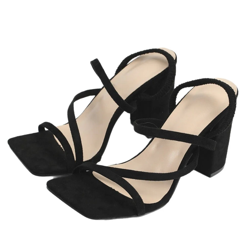 Cross lace-up high-heeled sandals for women with square toe and PU upper, shown in red suede