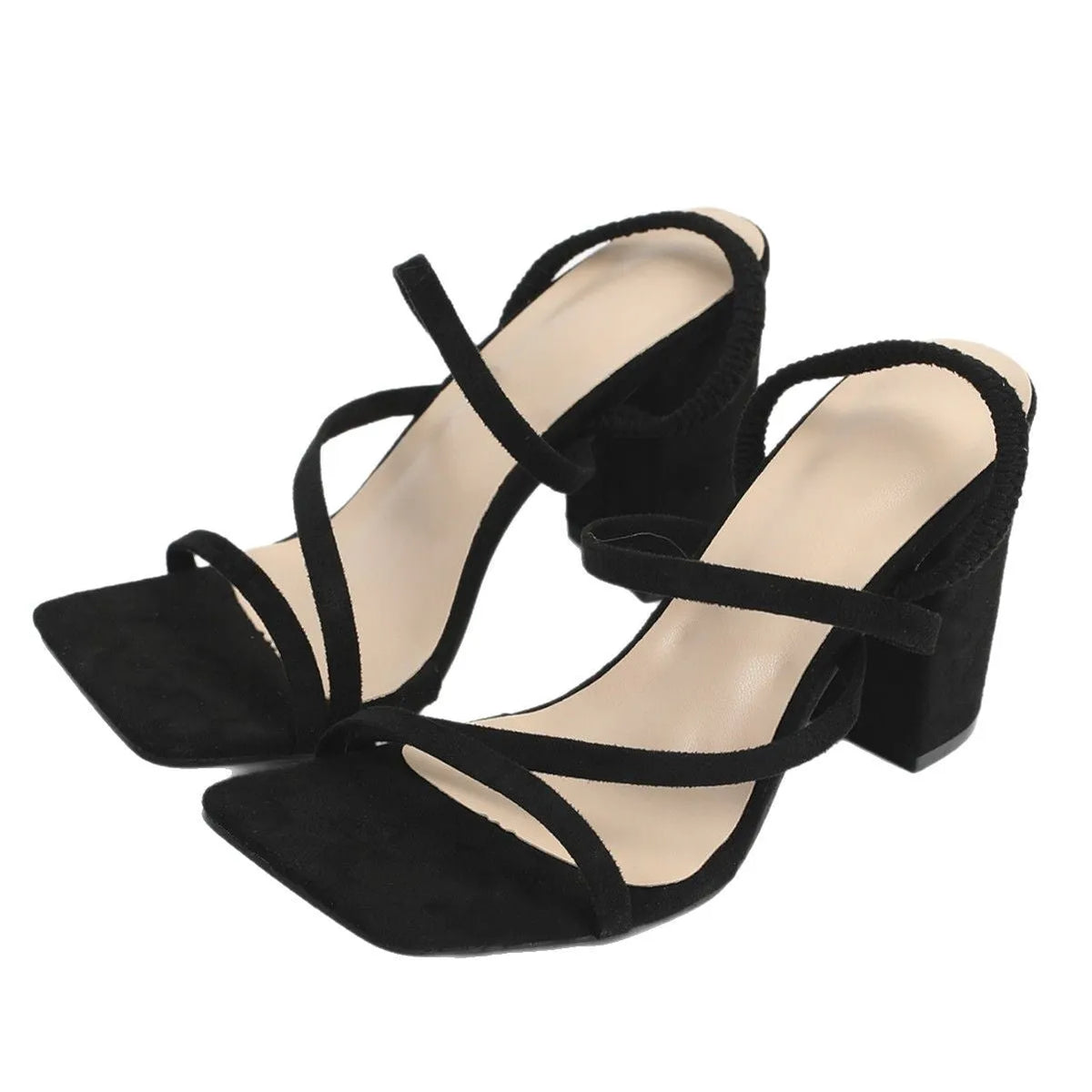 Cross lace-up high-heeled sandals for women with square toe and PU upper, shown in red suede
