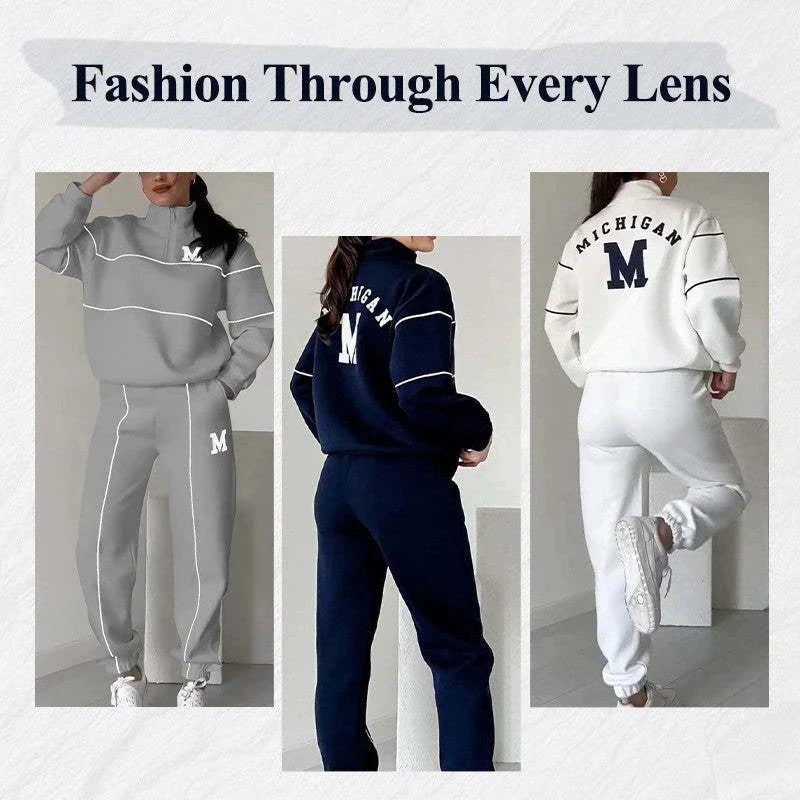 Cozy Hooded Sweatsuit for Women in various colors and sizes, featuring a hoodless pullover top and baggy sweatpants