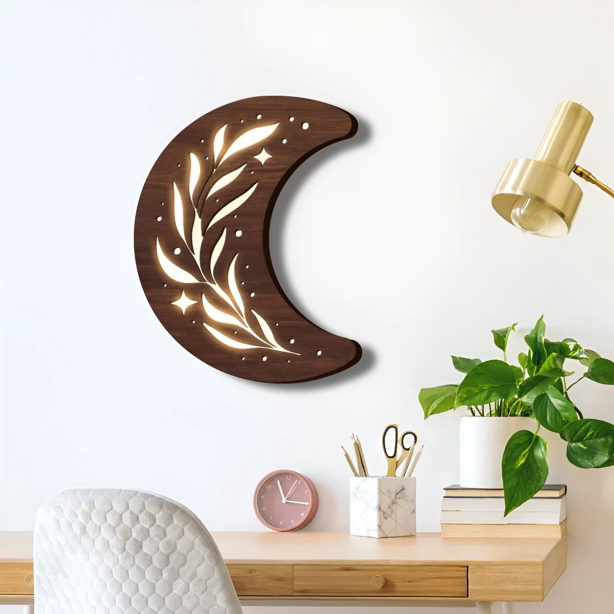 Bohemian style three-dimensional wooden leaf crescent pendant lamp with battery box