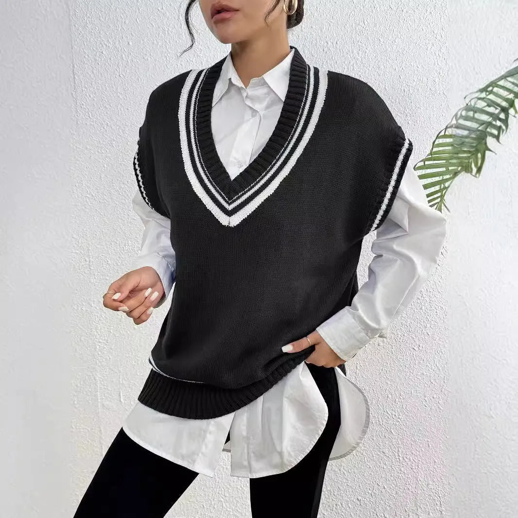 Women's casual vest sweater in college style with loose fit pullover design