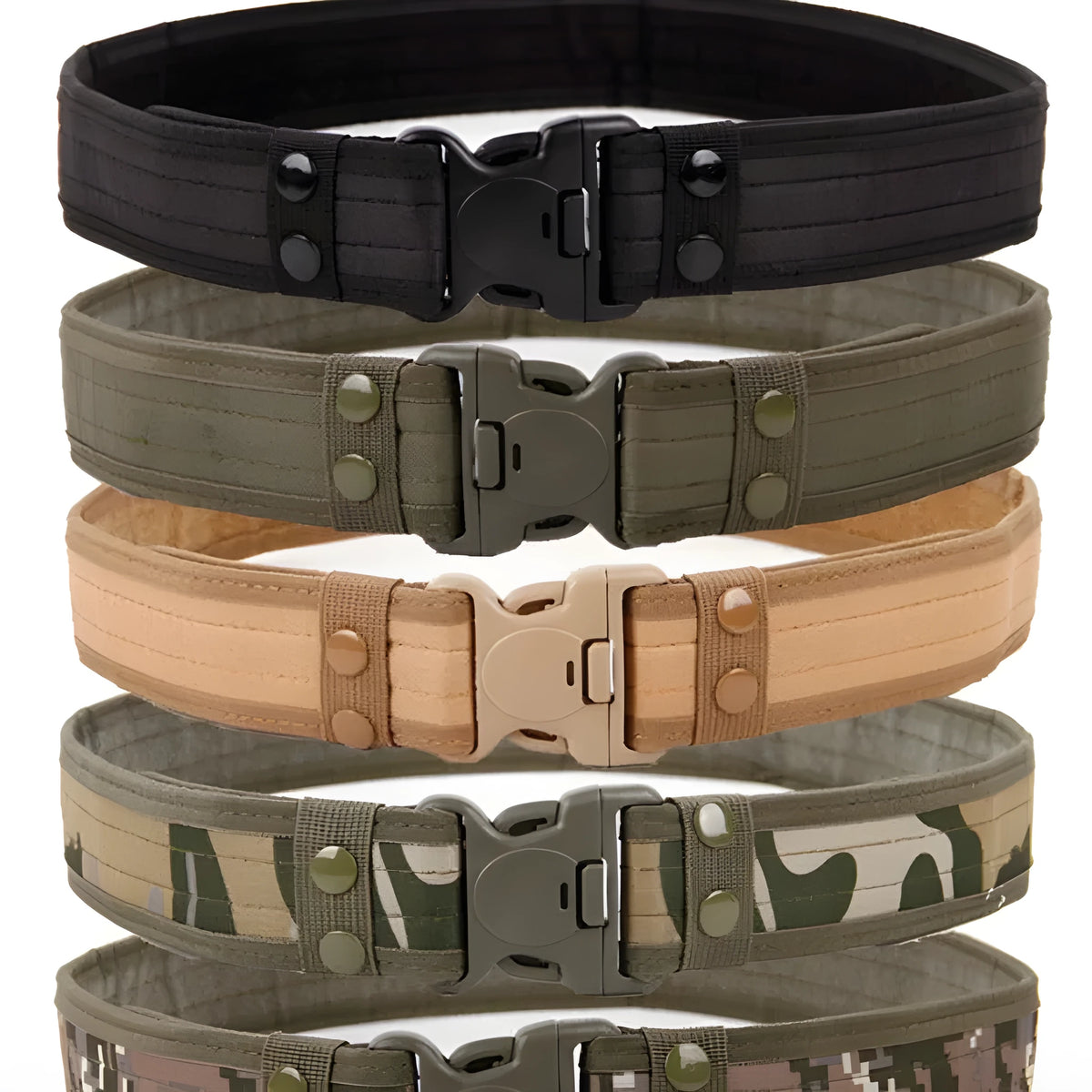 Wide edged outdoor men's thick canvas waist belt, woven fabric, plastic insert buckle, 130cm length, green colour