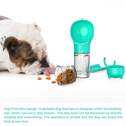 Versatile 3-in-1 pet water bottle with feeding bowl and waste bag storage in various colors