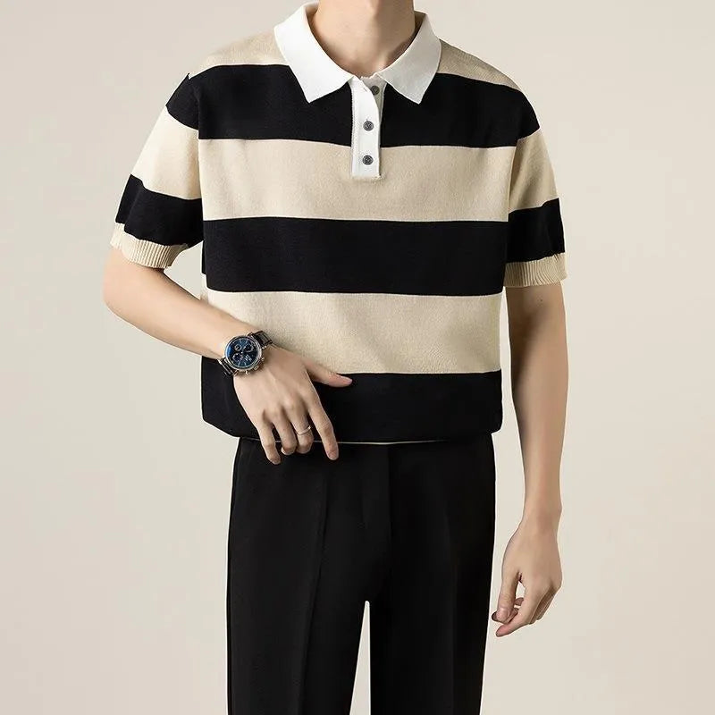 Business striped short-sleeved T-shirt men polyester, B226 black high quality option, front view