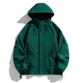 Men's hooded trench coat in black, thin dacron, loose fit, zip pocket, long sleeves, spring autumn jacket.
