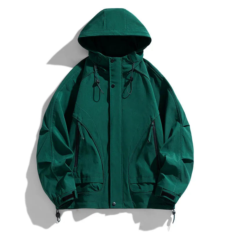 Men's hooded trench coat in black, thin dacron, loose fit, zip pocket, long sleeves, spring autumn jacket.