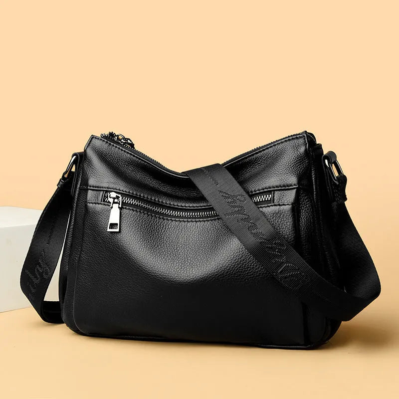 Women's black genuine leather crossbody bag with first layer cowhide, nylon lining, 27x9x22cm, single shoulder strap