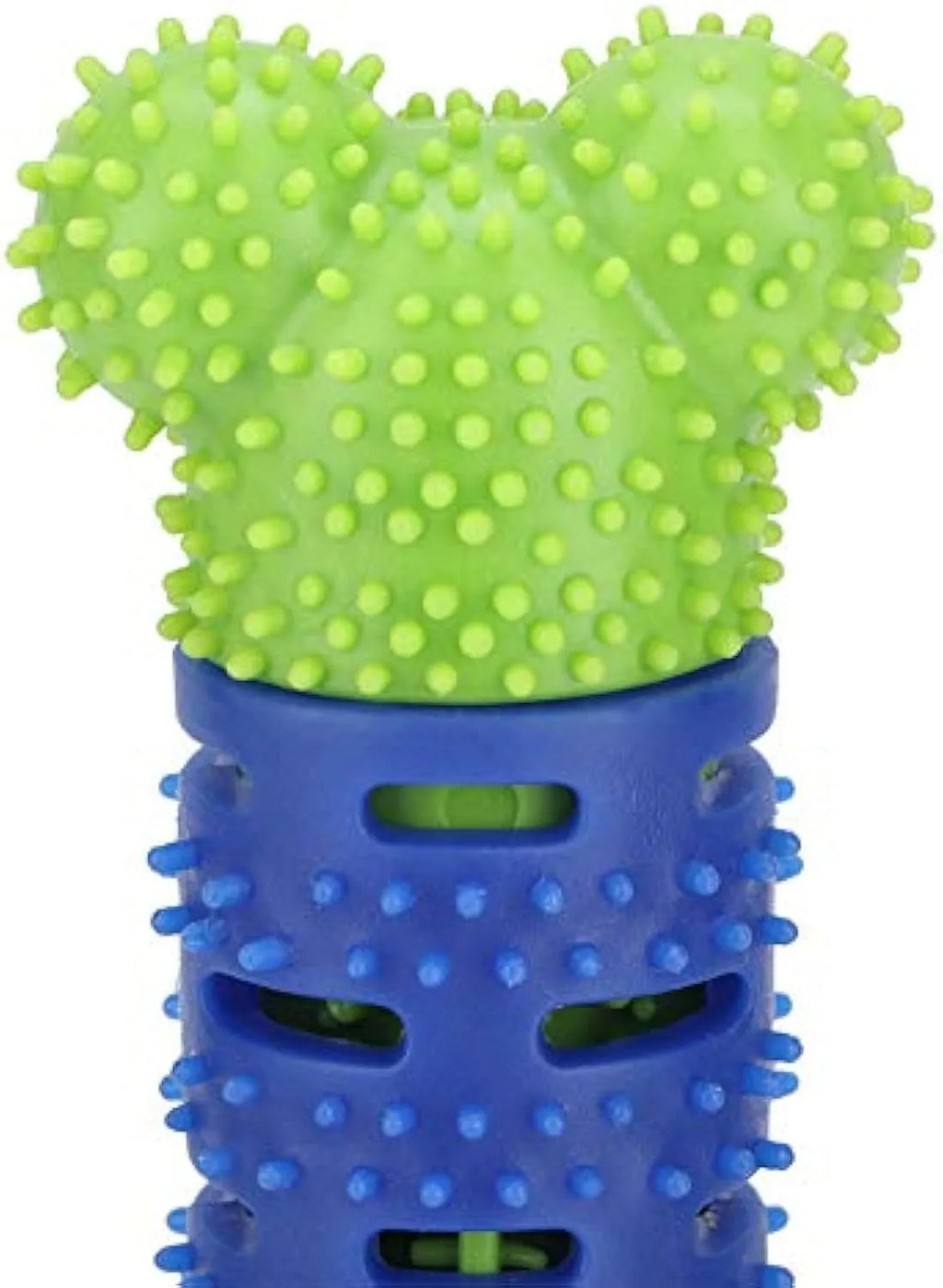 Blue-green molar-shaped dog dental chew toy with silicone bristles for teeth cleaning