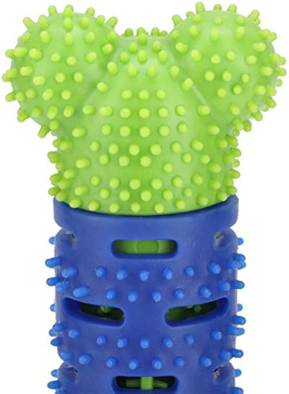 Blue-green molar-shaped dog dental chew toy with silicone bristles for teeth cleaning