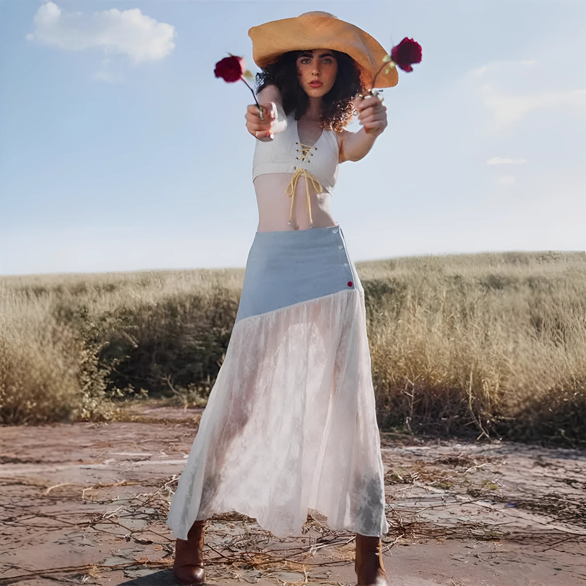 French style light blue denim A-line dress with lace stitching, low waist and breasted front, long skirt.