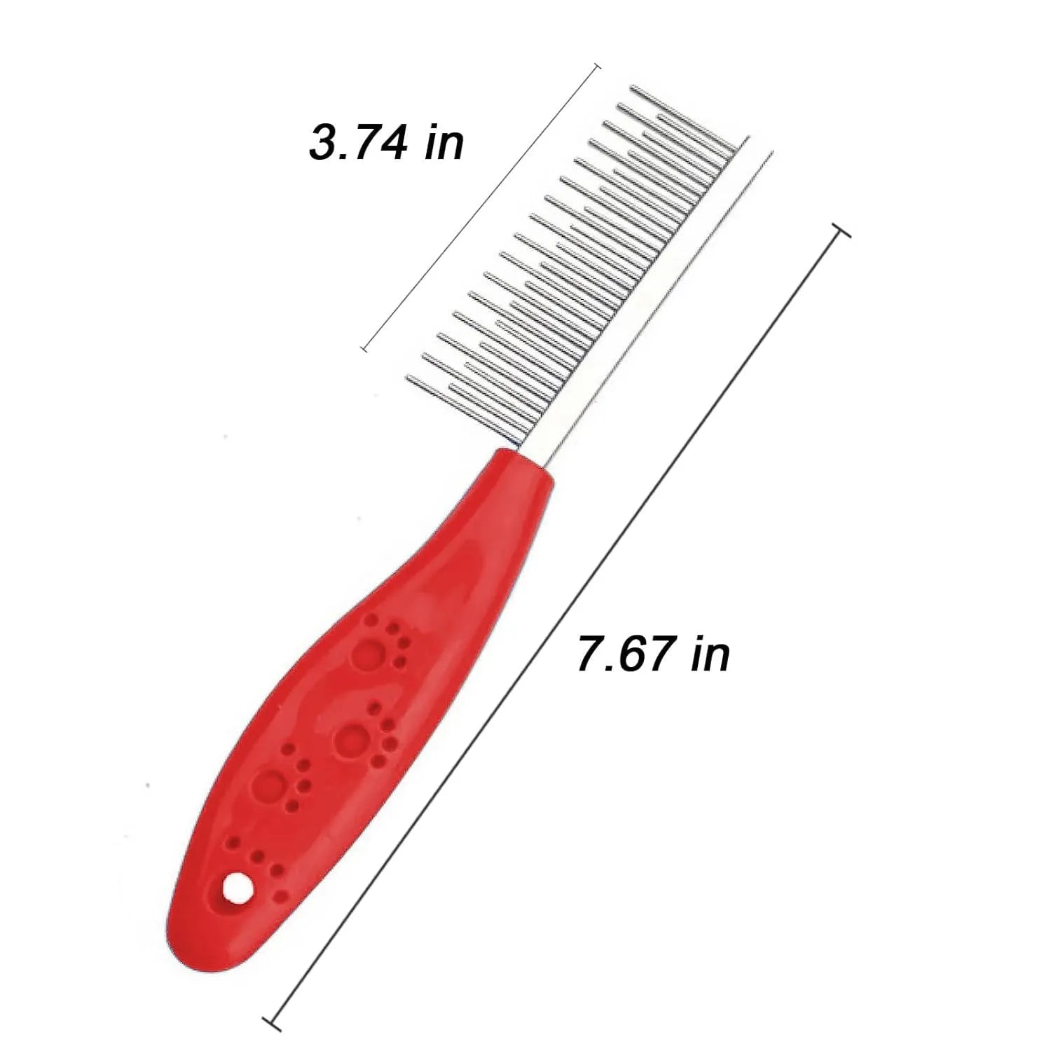 Red plastic handle stainless steel pet comb with short and long teeth for detangling dog or cat fur.