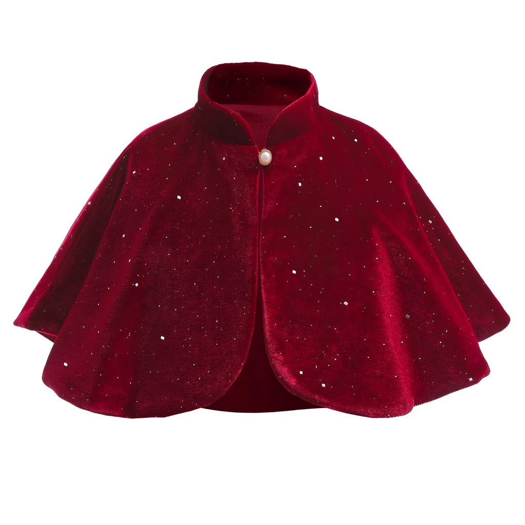 Girl's Red New Year Cape Cloak for Autumn and Winter Warmth Burgundy Cotton Blend Single Button Closure European Princess Style Suitable for Height 100cm to 150cm Solid Color Regular Thickness