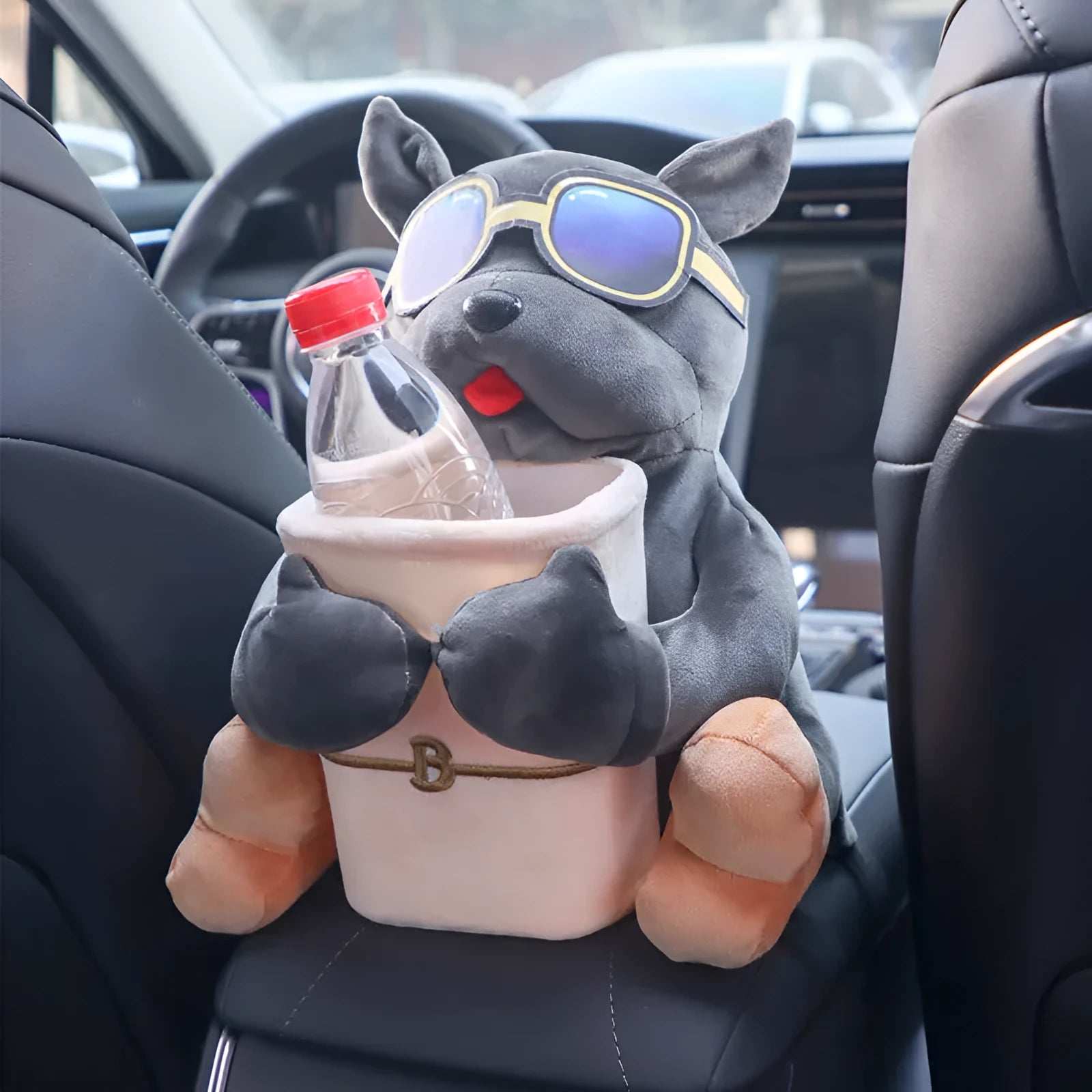 Plush car tissue box holder hanging in flip armrest compartment with dog character design